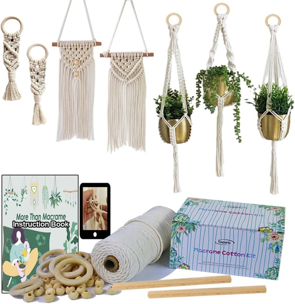 Easy Macrame Kit for Adults & Beginners – Includes Wood Beads, Rings, Wooden Dowel for Macrame Plant Hangers and Wall Hangings, Complete Instructions for Starters, Perfect for Christmas Crafts
